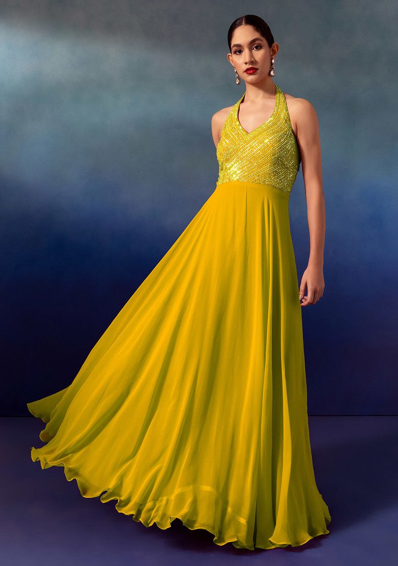 Yellow Sequin And Bead Embellished Halter Anarkali Gown With Dupatta