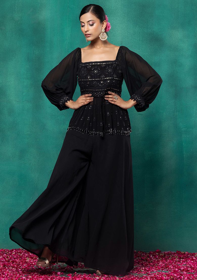 Black Floral Sequin Embroidered Short Kurta Set With Palazzo And Dupatta