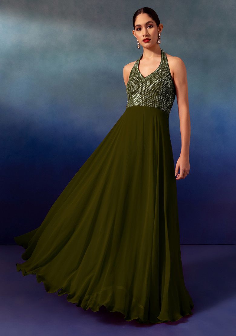 Olive Sequin And Bead Embellished Halter Anarkali Gown With Dupatta