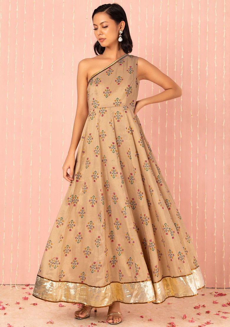 Gold Floral Print One Shoulder Anarkali Kurta