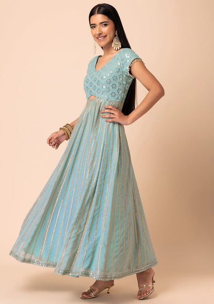 Sage Green And Silver Sequin Embroidered Anarkali Gown With Dupatta