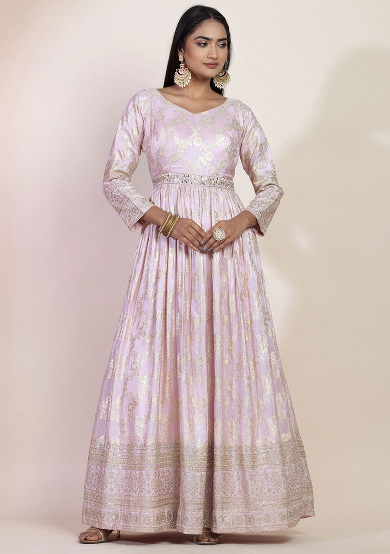 Light Pink Floral Print Brocade Anarkali With Dupatta