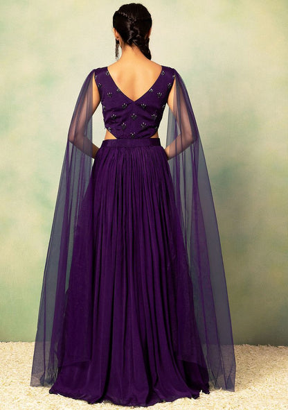 HAND EMBROIDERED Purple Pearl Embellished Side Cut Out Gown