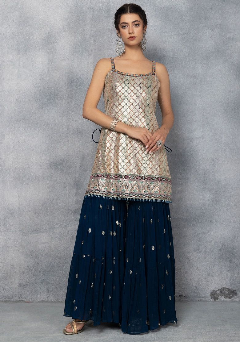 Teal Blue Sharara Set With Sequin Embellished Kurta And Mesh Dupatta