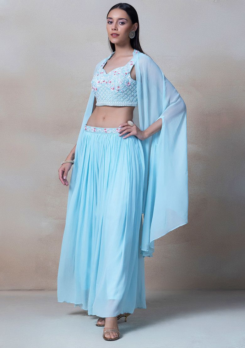 Blue Cutdana Embroidered Sharara Set With Sequin Embellished Blouse And Jacket