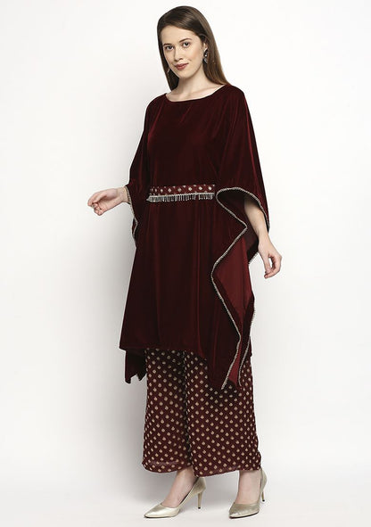 MONK AND MEI Maroon Embroidrered Velvet Kaftan Set