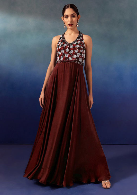 Deep Maroon Sequin Hand Embroidered Satin Gown