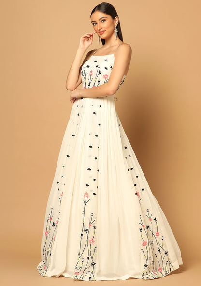 GYANS White Floral Embroidered Georgette Gown