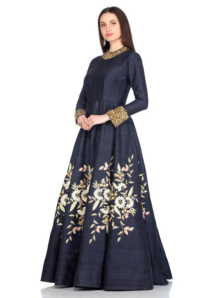 SALT AND SPRING Navy Blue Bouquet Embroidered Anarkali Gown