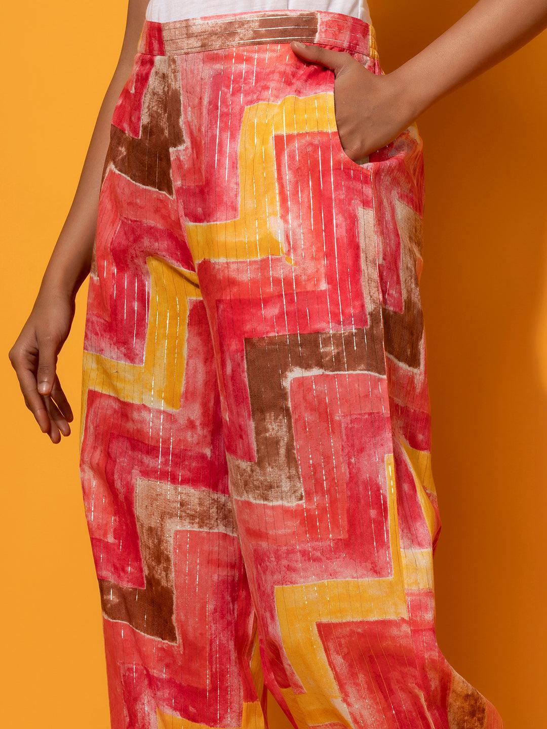 Coral Printed Silk Blend Tunic With Palazzos