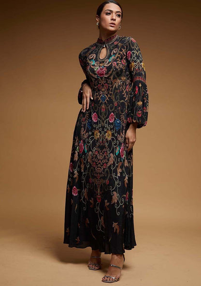 Black Printed Rhinestones Work Bemberg Crepe Gown