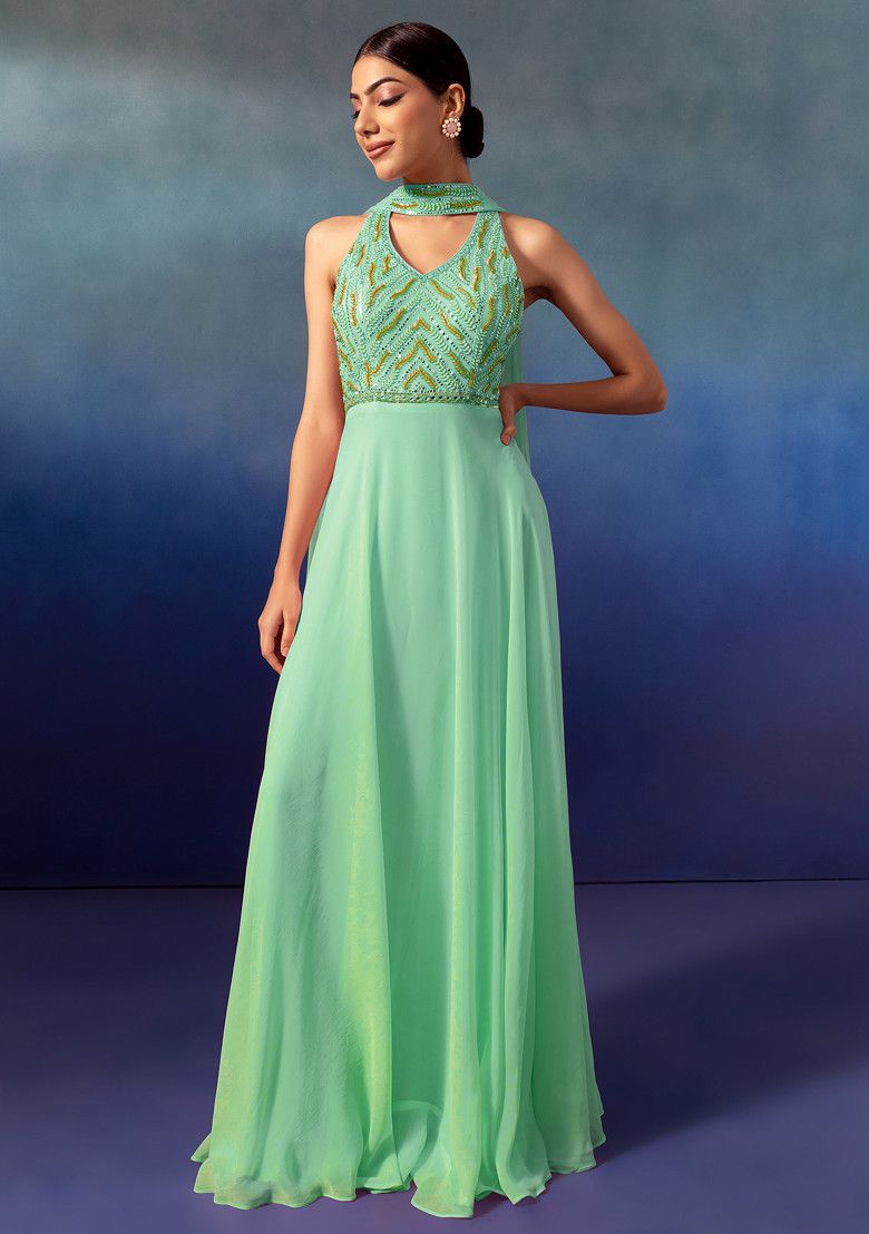 Seafoam Sequin And Bead Embellished Halter Anarkali Gown With Dupatta