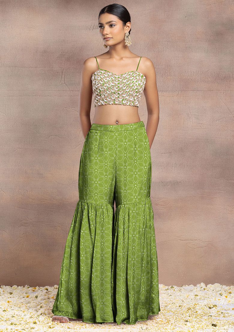 Green Sharara Set With Pearl Sequin Hand Embroidered Blouse And Mesh Jacket