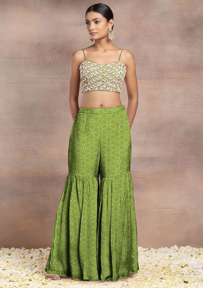 Green Sharara Set With Pearl Sequin Hand Embroidered Blouse And Mesh Jacket