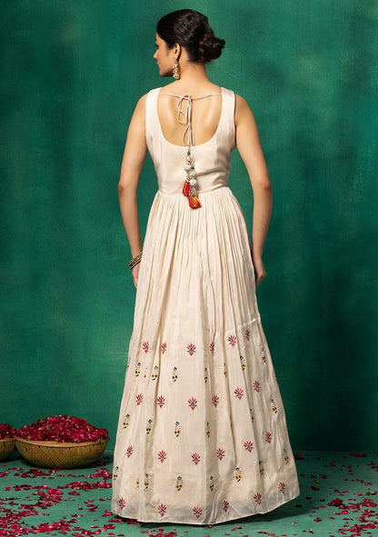 Ivory Multicolour Floral Mirror And Thread Embroidered Anarkali Gown With Dupatta