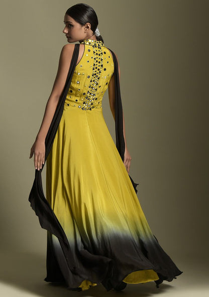 Yellow And Black Mirror Embroidered Crepe Anarkali Set