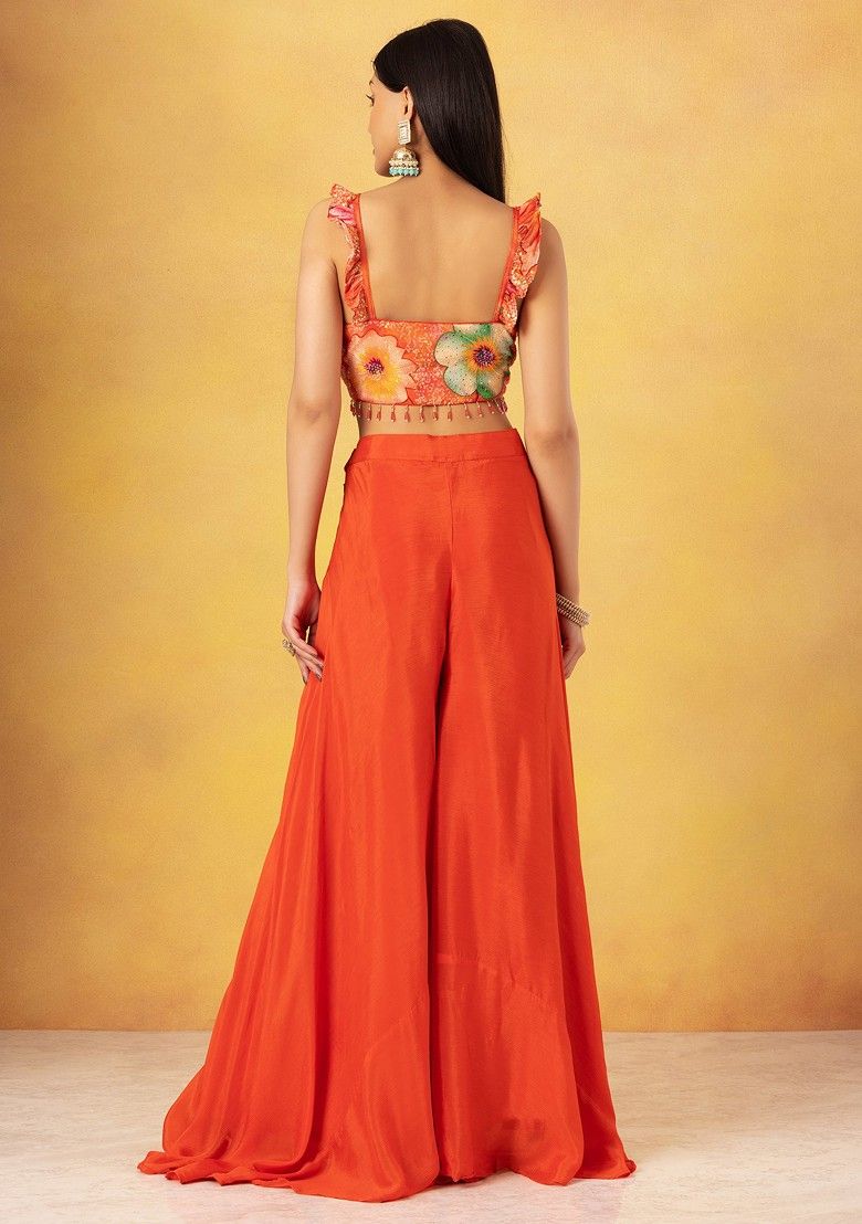 Orange Sharara Set With Multicolour Floral Print Blouse And Choker Dupatta