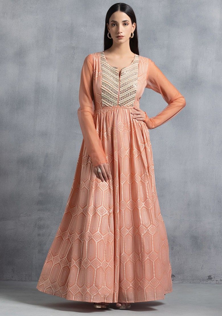 Dusty Pink Foil Grid Print Anarkali Gown With Organza Dupatta