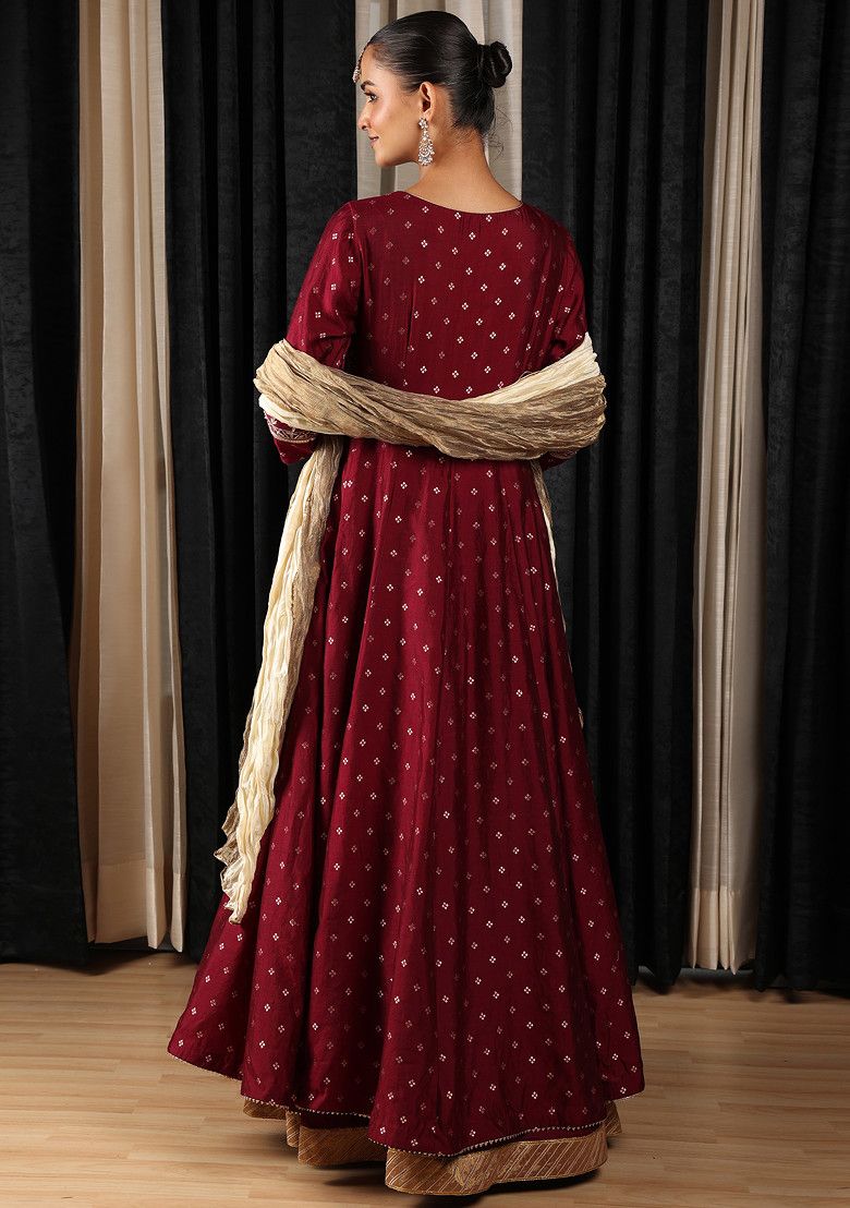 Maroon Embroidered Silk Chanderi And Tissue Silk Anarkali Set