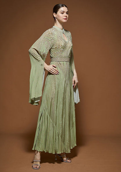 Pale Green Rhinestones Embroidered Bemberg Crepe Gown