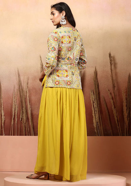 Yellow Floral Sequin Embellished Kurta Set With Palazzo And Dupatta