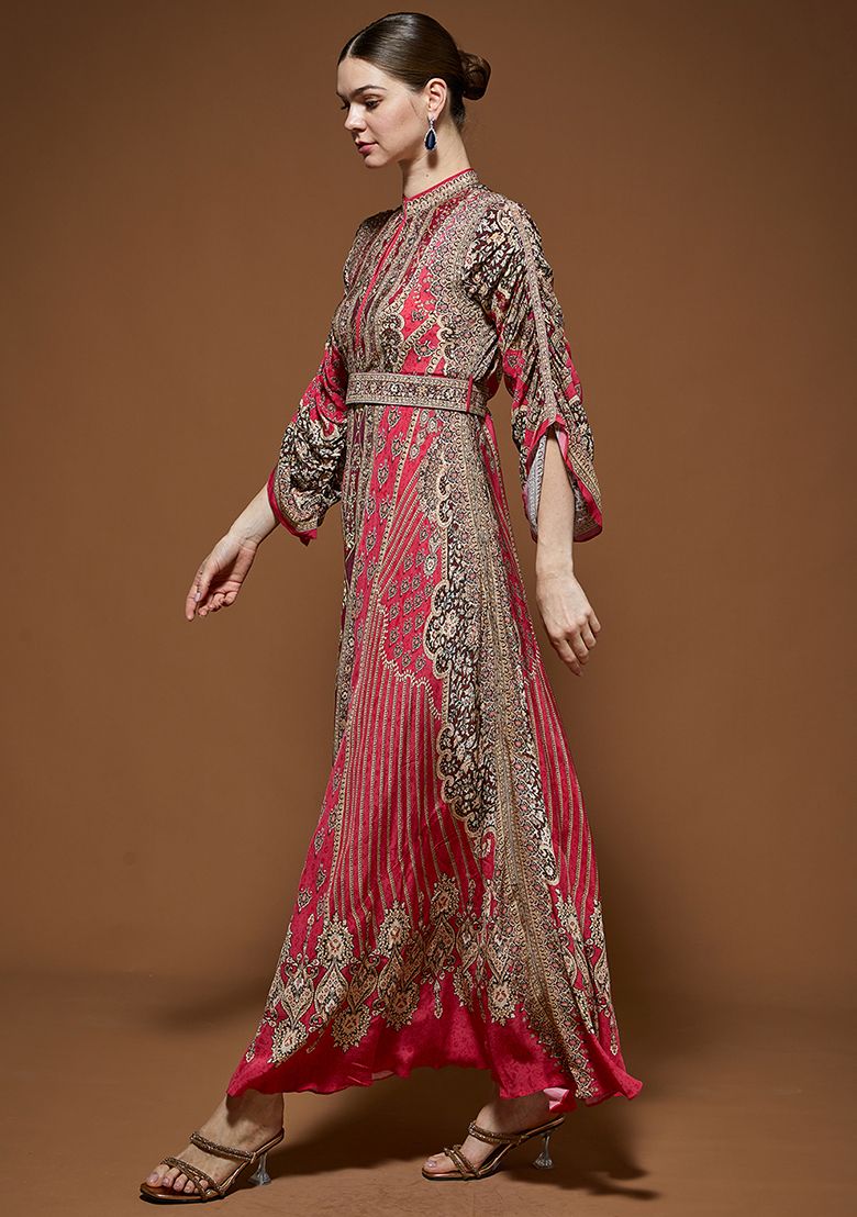 Rose Red Rhinestones Embroidered Crepe Gown