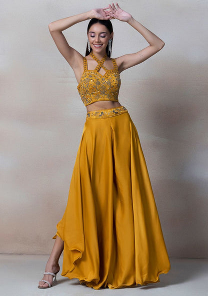 Yellow Hand Embroidered Sharara Set With Sequin Embellished Blouse And Dupatta