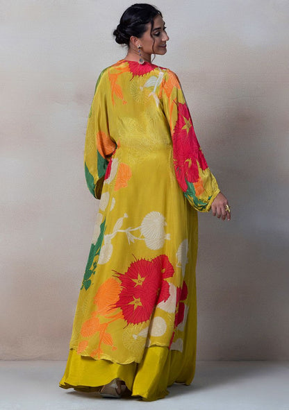 Yellow Floral Print Sharara Set With Sequin Embellished Blouse And Printed Jacket