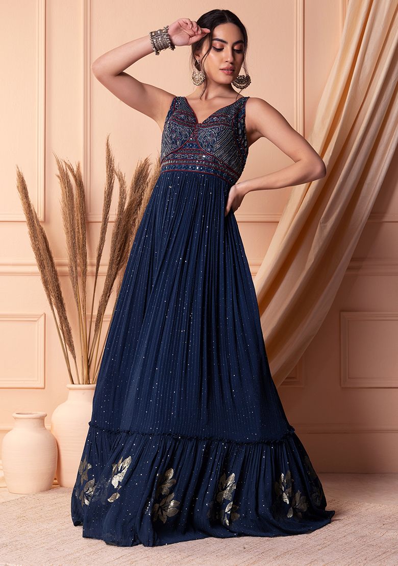 Navy Blue Thread Embroidered Tiered Anarkali Gown