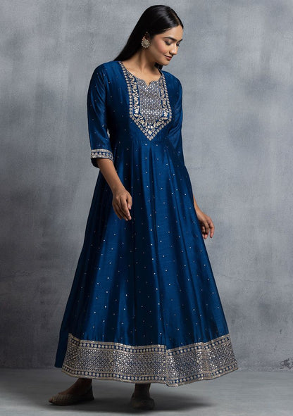 Blue Zari Embroidered Anarkali Kurta With Embroidered Dupatta