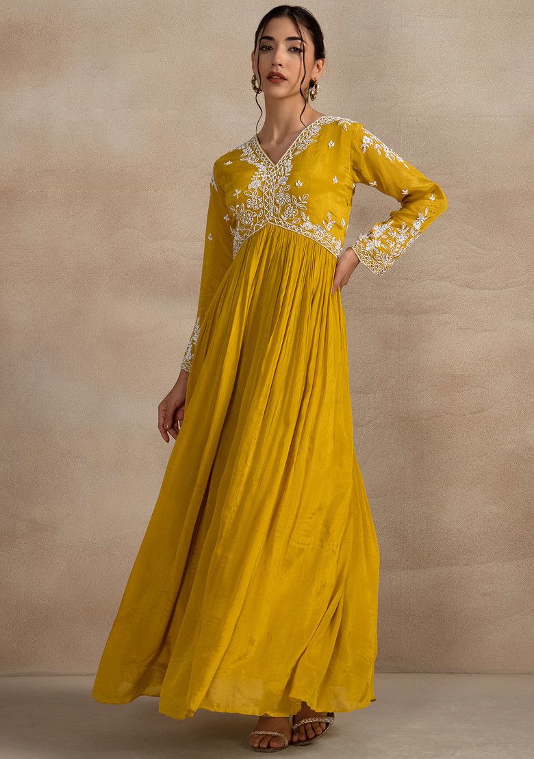 Mustard Cutdana Bead Embellished Kurta With Organza Dupatta