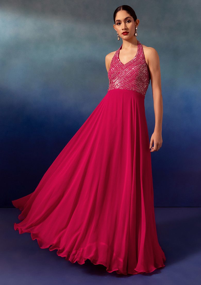 Hot Pink Sequin And Bead Embellished Halter Anarkali Gown With Dupatta