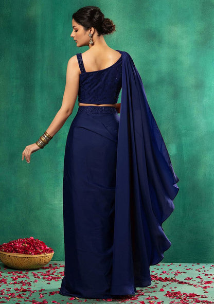 HAND EMBROIDERED Navy Blue Satin Pre-Stitched Saree Set With Abstract Sequin Embellished Blouse