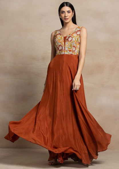 Rust Floral Sequin Embellished Anarkali With Dupatta