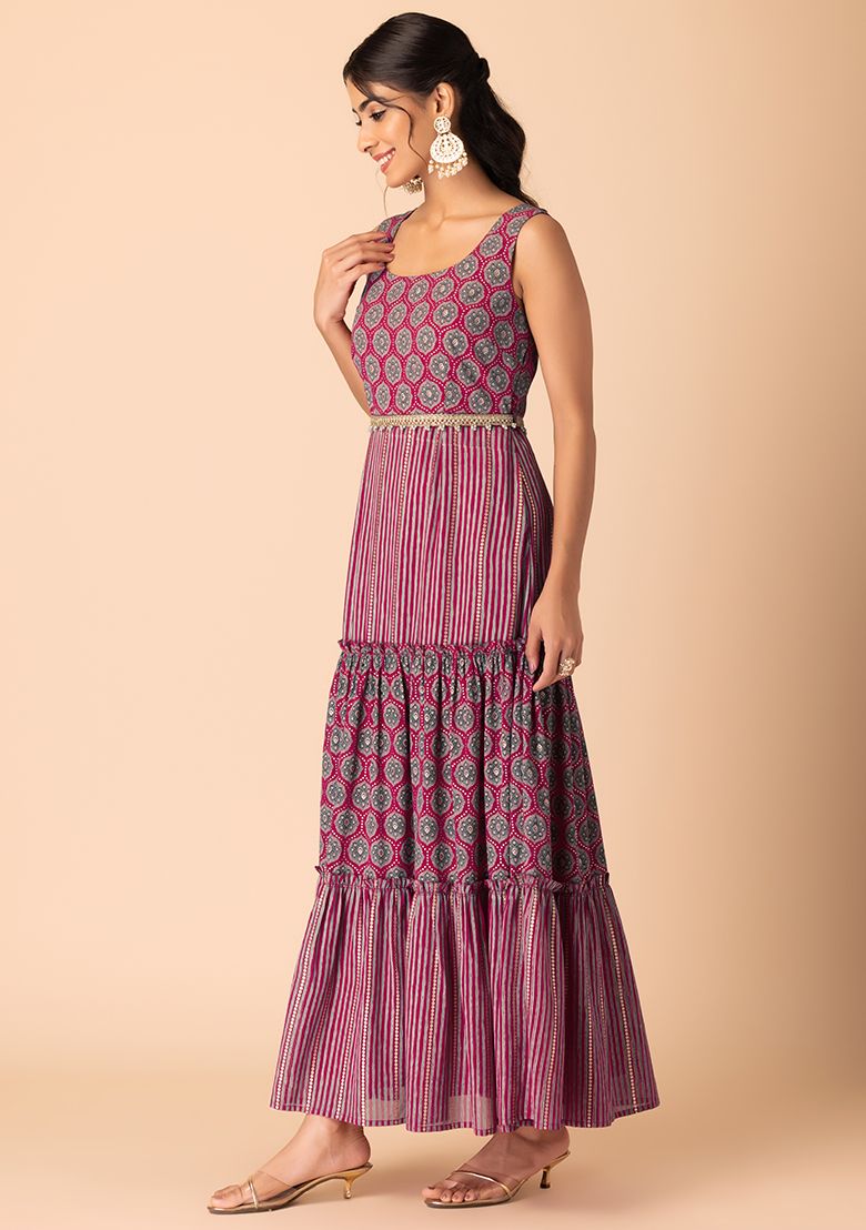 Dark Pink Ajrakh Print Tiered Maxi Dress With Dori Belt (Set of 2)