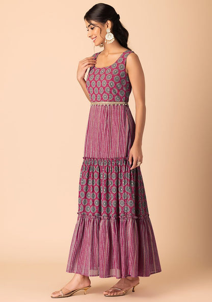 Dark Pink Ajrakh Print Tiered Maxi Dress With Dori Belt (Set of 2)