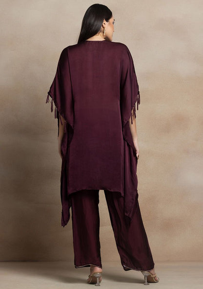 Deep Maroon Sequin Bead Embroidered Kaftan Kurta Set With Embroidered Pants