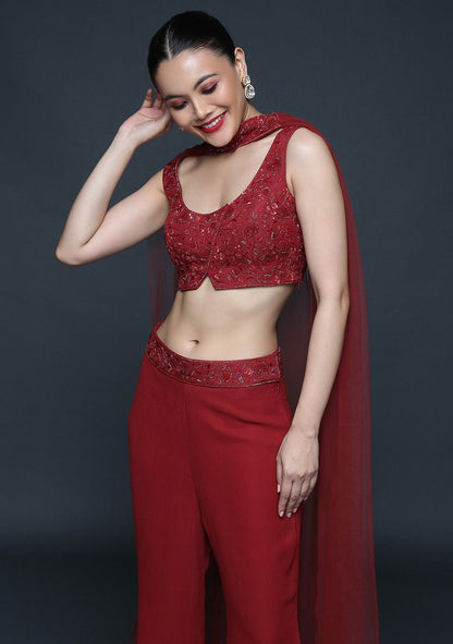 SANJEV MARWAAHA Mineral Red 3D Embroidered Fusion Set