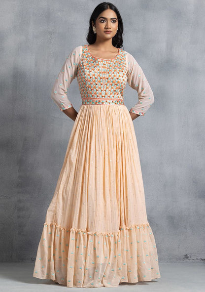 Peach Multicolour Geometric Embroidered Anarkali Kurta With Dupatta