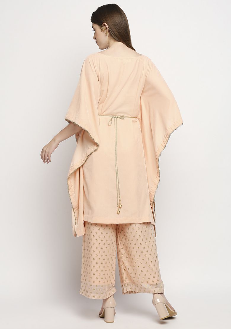 MONK AND MEI Peach Embroidrered Velvet Kaftan Set