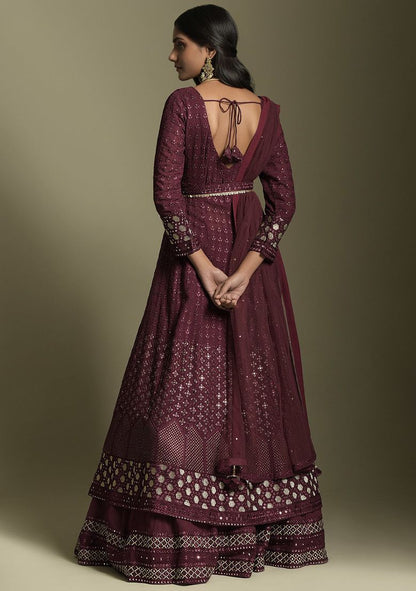 Maroon Resham Embroidered Georgette Anarkali Set