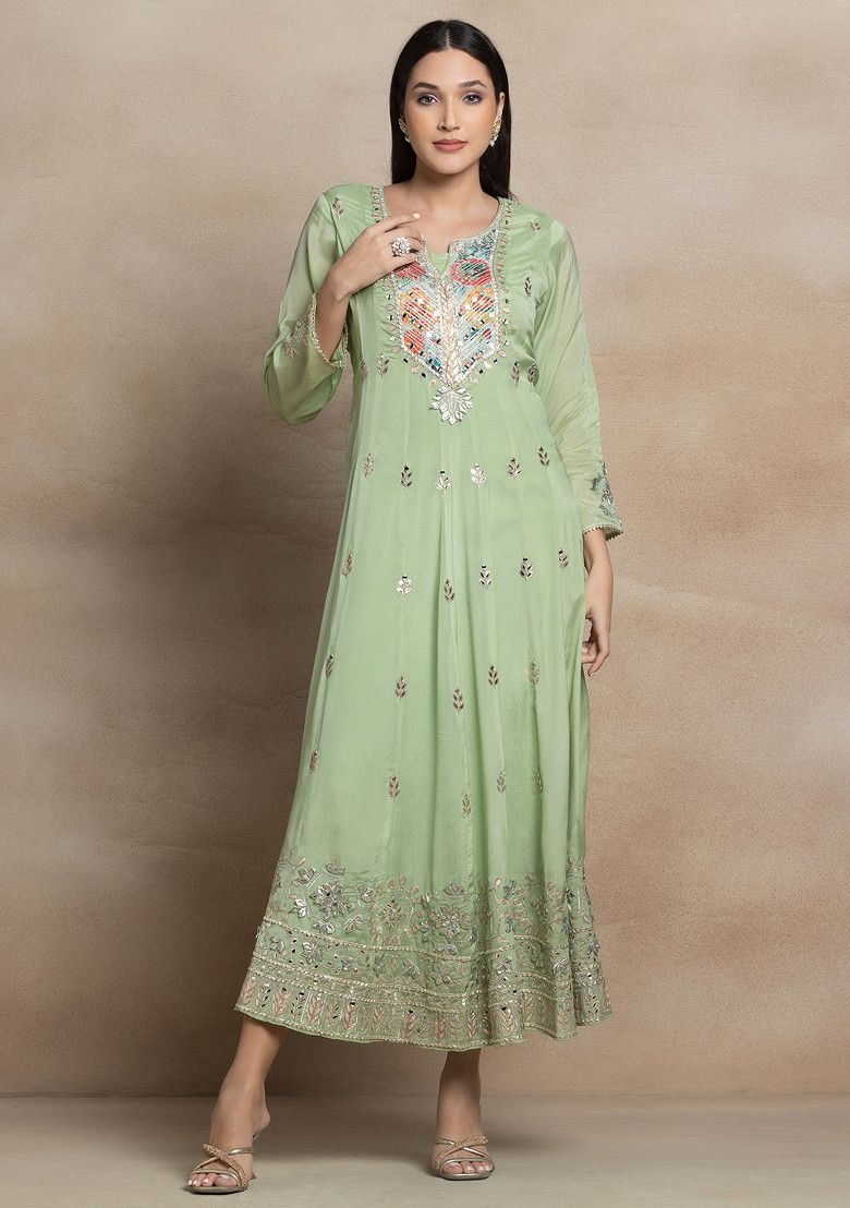 Green Mirror And Gota Patti Embroidered Anarkali With Embroidered Dupatta