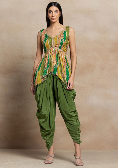 Green Zari Sequin Embellished Short Kurta Set With Dhoti Pants And Dupatta