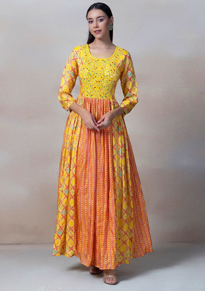 Yellow Mirror Embellished Anarkali Kurta With Chiffon Dupatta