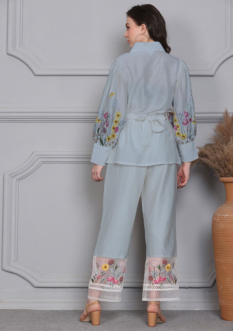 Light Blue Floral Escape Embroidered Chanderi Wrap Top And Pants Set