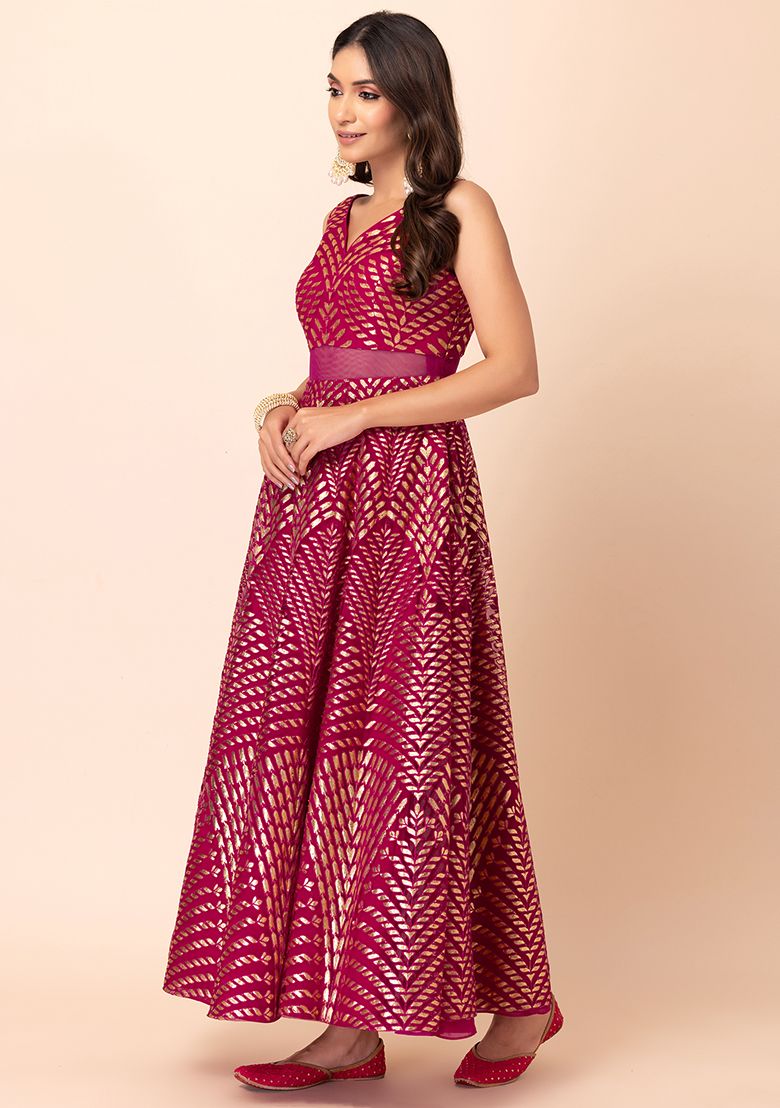 Fuchsia Pink Foil And Thread Embroidered Anarkali Gown