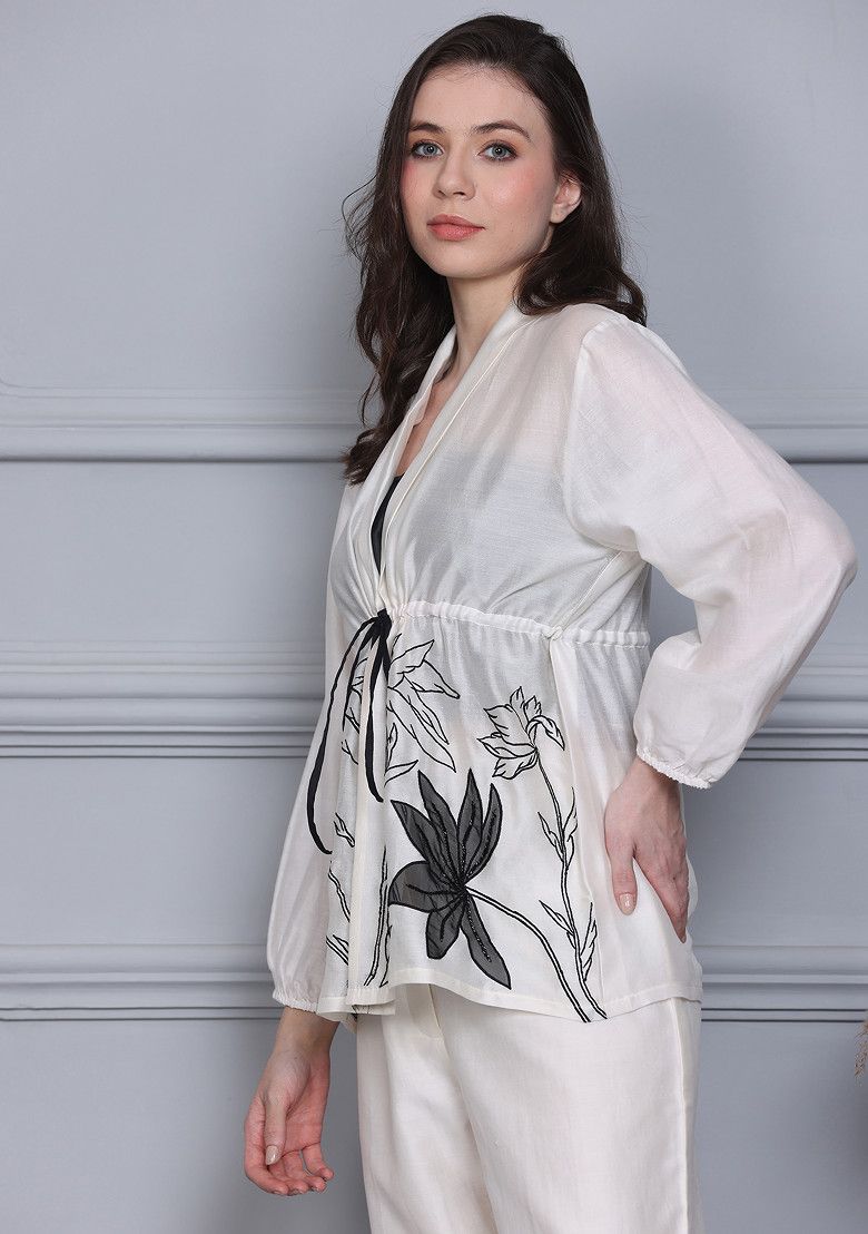 Off White Floral Escape Embroidered Silk Chanderi Wrap Top And Pants Set