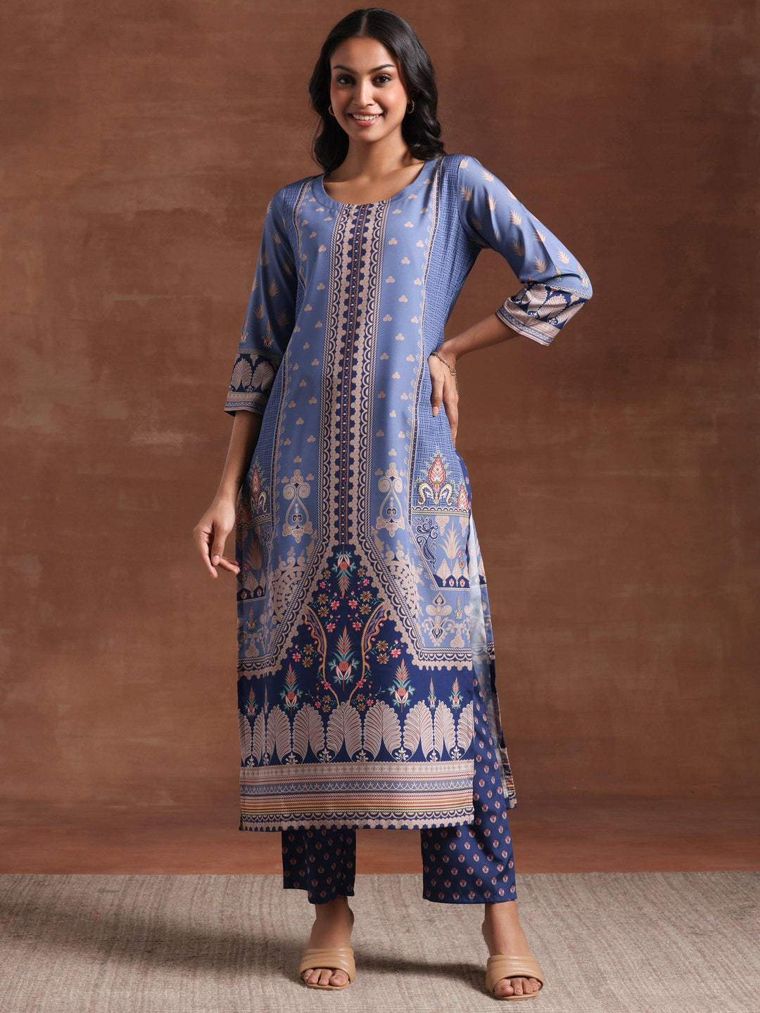 Blue Printed Crepe Straight Kurta Set