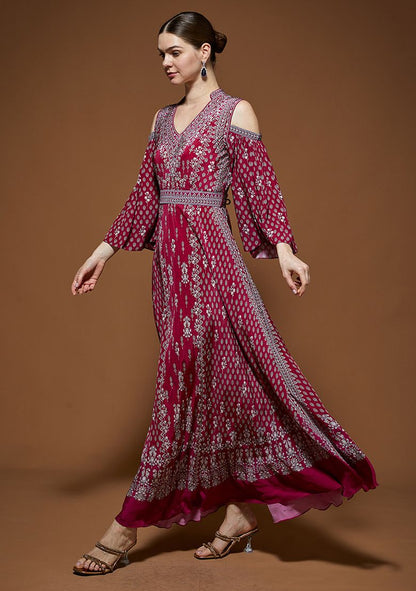 Fuchsia Rhinestones Embroidered Bemberg Crepe Gown