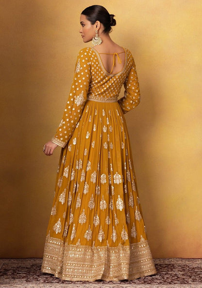 Mustard Floral Sequin Embellished Anarkali Gown With Dupatta